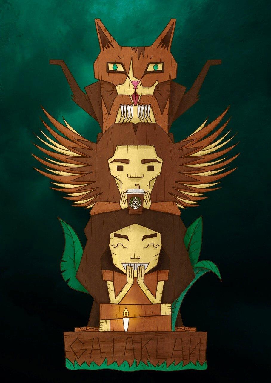 A family totem digitally drawn by my girlfriend, with a cartoonish style. It displays my cat Warren on top of my back, me drinking a Starbucks Coffee (the conly thing keeping me alive these days!) and my girlfriend at the base supporting the entire totem. Exactly as it is 💙