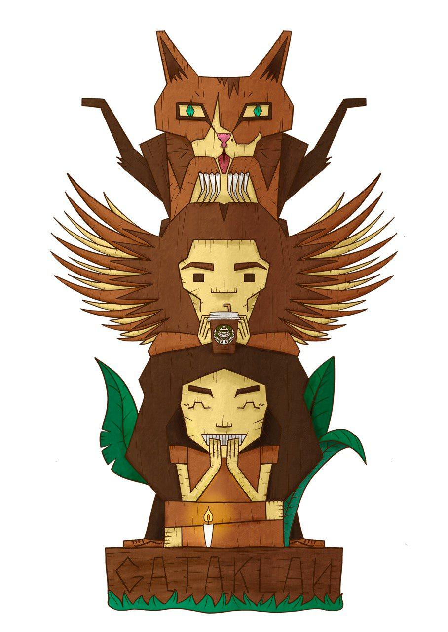 A family totem digitally drawn by my girlfriend, with a cartoonish style. It displays my cat Warren on top of my back, me drinking a Starbucks Coffee (the conly thing keeping me alive these days!) and my girlfriend at the base supporting the entire totem. Exactly as it is 💙