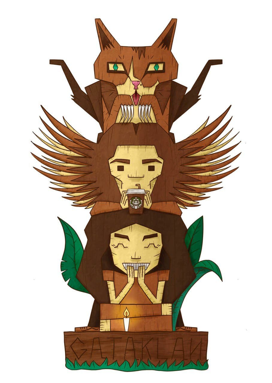 A family totem digitally drawn by my girlfriend, with a cartoonish style. It displays my cat Warren on top of my back, me drinking a Starbucks Coffee (the conly thing keeping me alive these days!) and my girlfriend at the base supporting the entire totem. Exactly as it is 💙